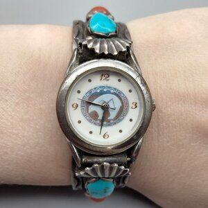 SIMPLICIO Zuni Native American Cuff Watch Turquoise Coral Silver UNTESTED